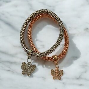 Elegant Stretch Bracelet Set - Rose Gold &‎ Silver Butterfly Charms